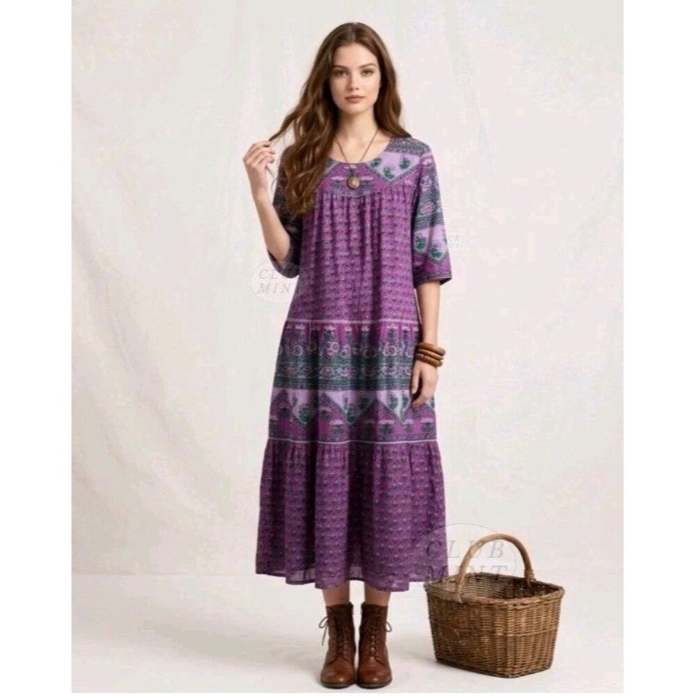 Vermont Country Store Boho Cotton Dress Purple Floral Print Tiered Midi Sz XL